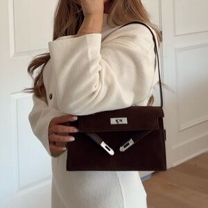 Elegant Faux Suede Chocolate Brown Crossbody Bag